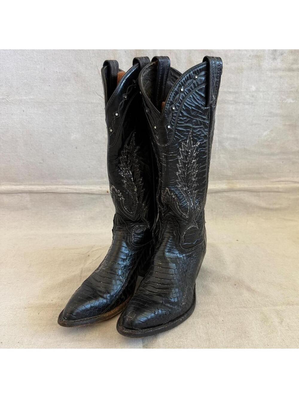 Tony Lama Black Python Pointy Toe Black Shaft Glitter and Gems Women Size 5
